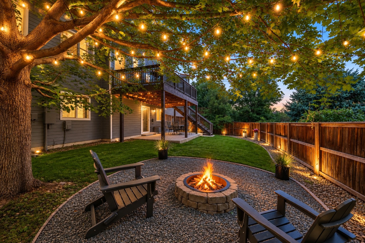 Backyard with fire pit and string lights at dusk