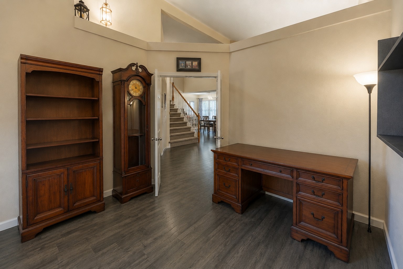 Home office facing stairs
